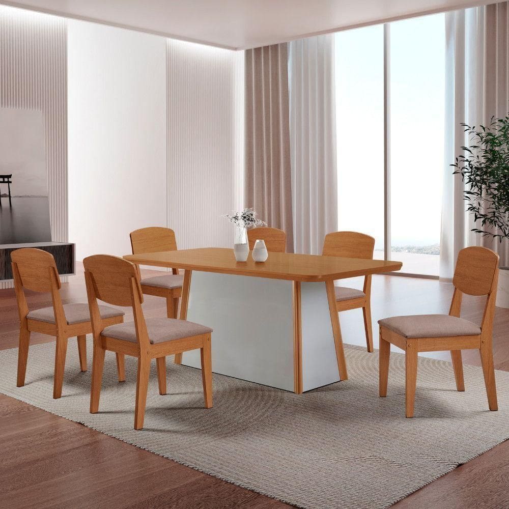 Mesa De Jantar Diane 180cm Tampo Mdf Canto Copo E 6 Cadeiras Linho Capuccino /naturale /off White