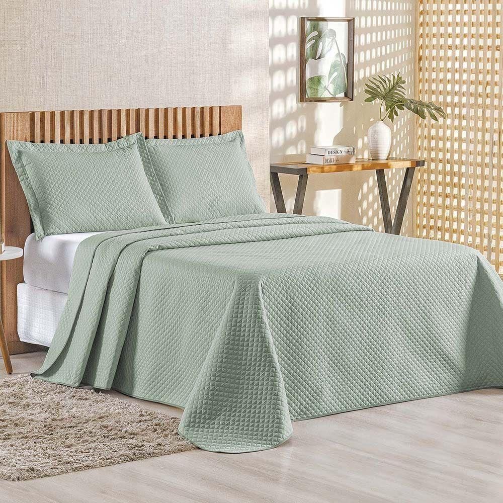 Kit Cobre Leito Colcha Ideale Queen 3 Peças Matelado Geométrico - Verde Malva - 100% Poliéster