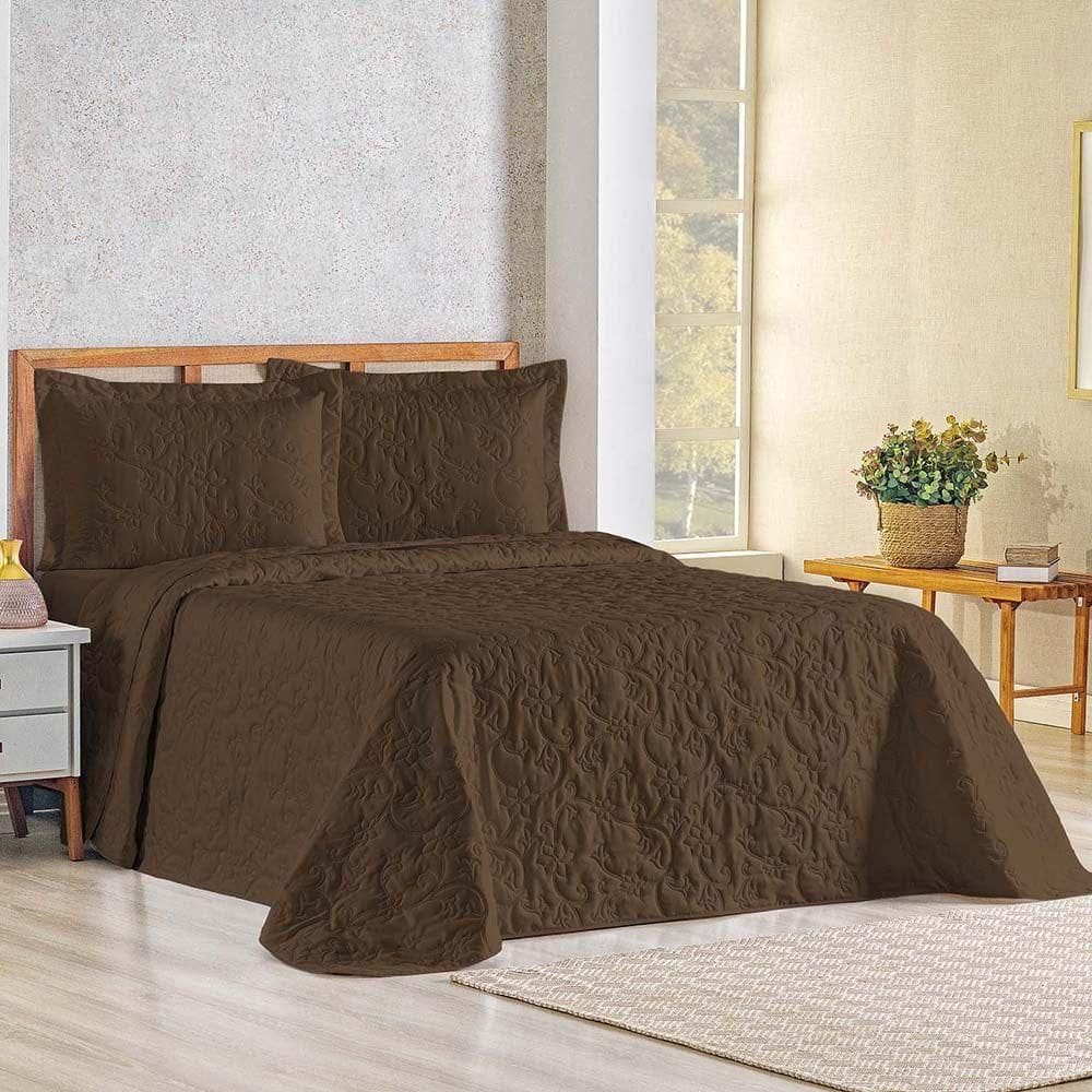 Kit Cobre Leito Colcha Celeste Queen 3 Peças Matelado Floral 180 Fios - Marrom