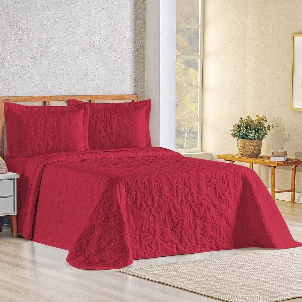 Kit Cobre Leito Colcha Celeste Queen 3 Peças Matelado Floral 180 Fios - Vermelho