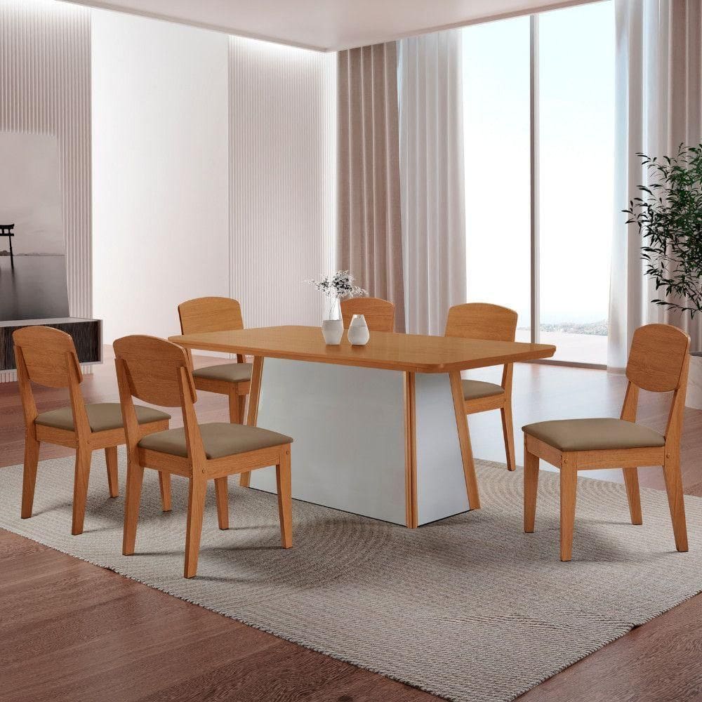 Mesa De Jantar Diane 180cm Tampo Mdf Canto Copo E 6 Cadeiras Veludo Capuccino/naturale/off White