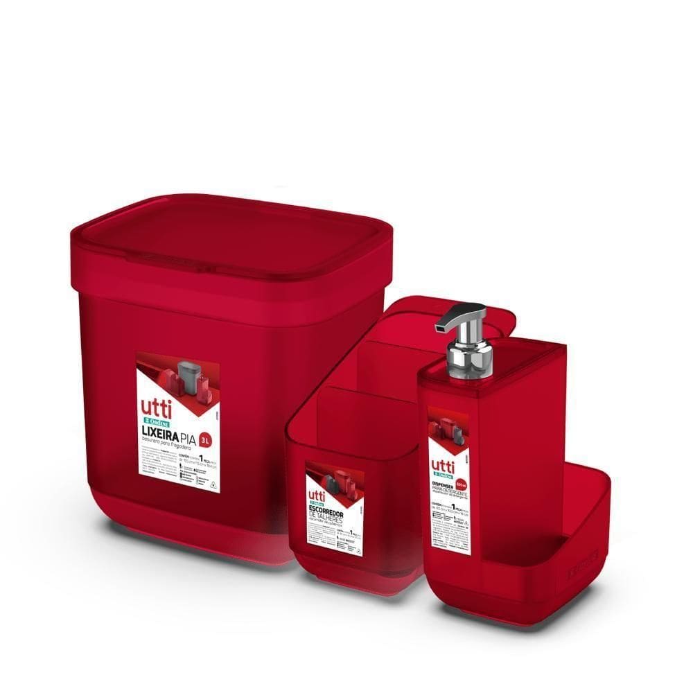 Conjunto De Pia Vermelho - Porta Detergente, Escorredor De Talheres E Lixeira 3l