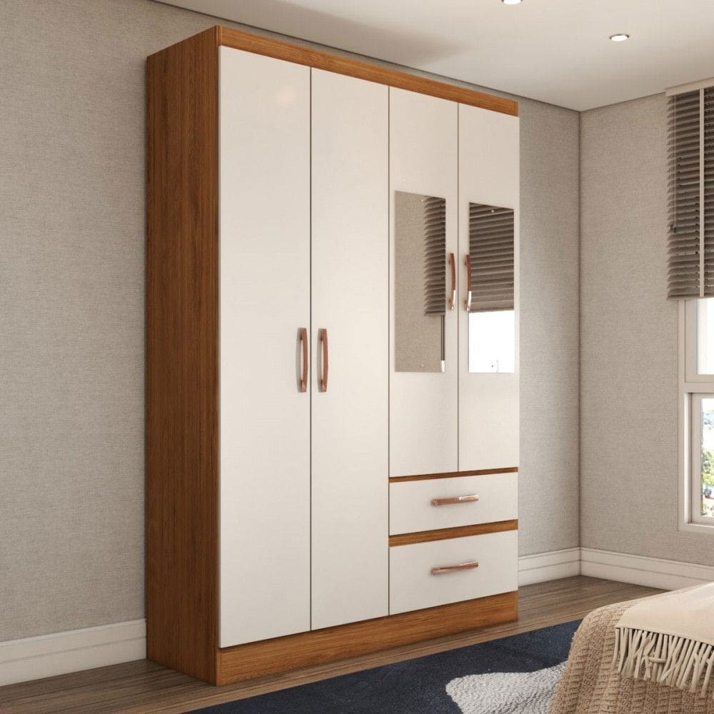 Guarda-Roupa Solteiro São Francisco 4 Portas 2 Gavetas com Espelho Off White/Nogueira - Panorama Móveis