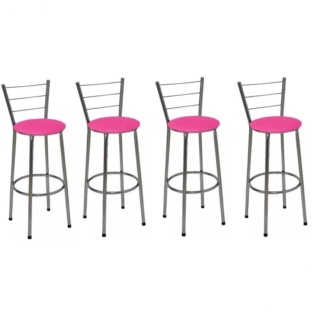 Kit 4 Banquetas Altas Cromada com Encosto Assento Rosa