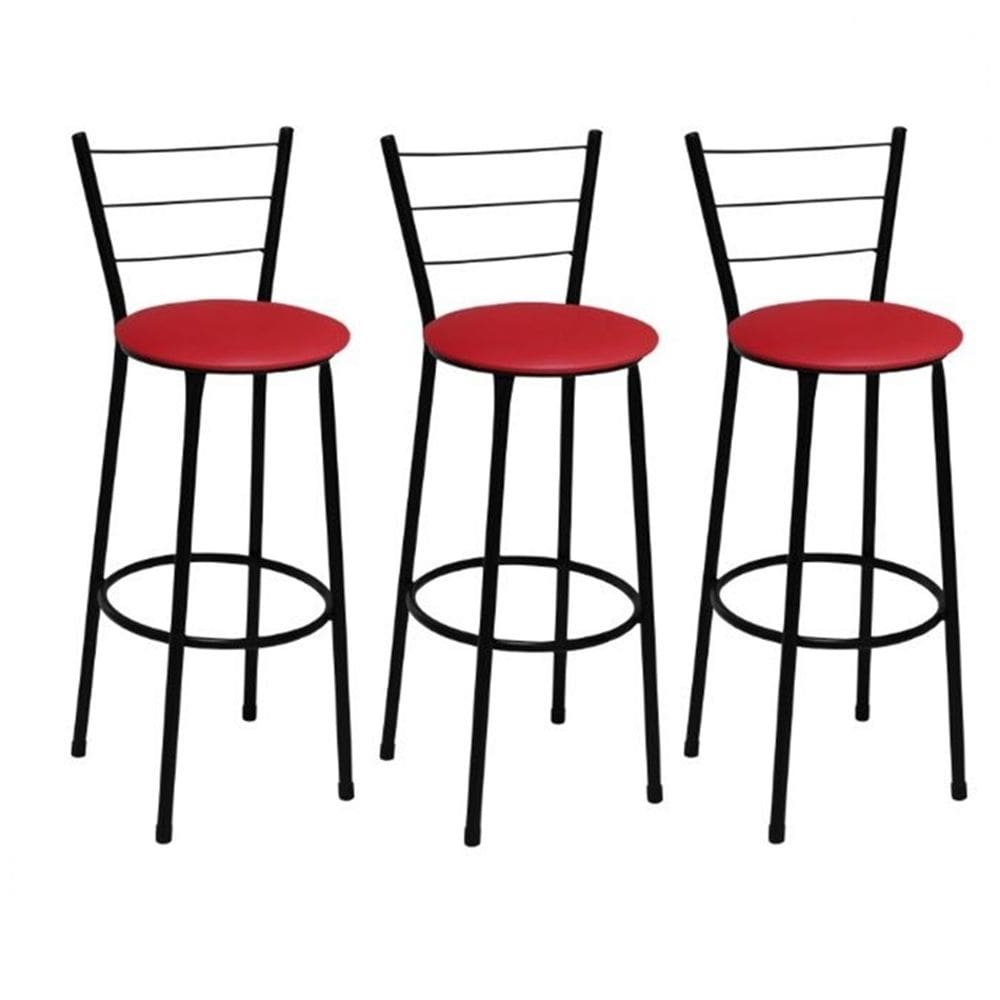 Kit 3 Banquetas Alta Preta com Encosto Assento Vermelho Jaddi