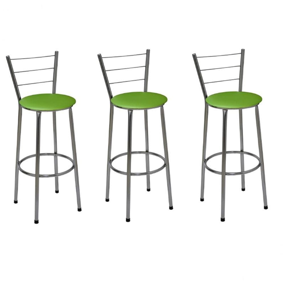 Kit 3 Banquetas Altas Cromada com Encosto Assento Verde