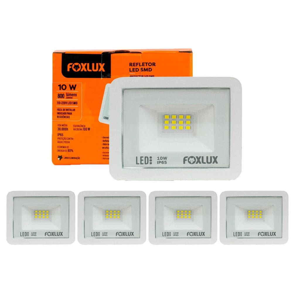 Kit 5 Refletor Led 10W 6500K Branco Bivolt Foxlux
