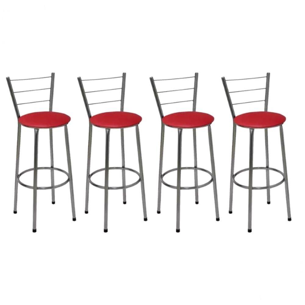 Kit 4 Banquetas Altas Cromada com Encosto Assento Vermelho