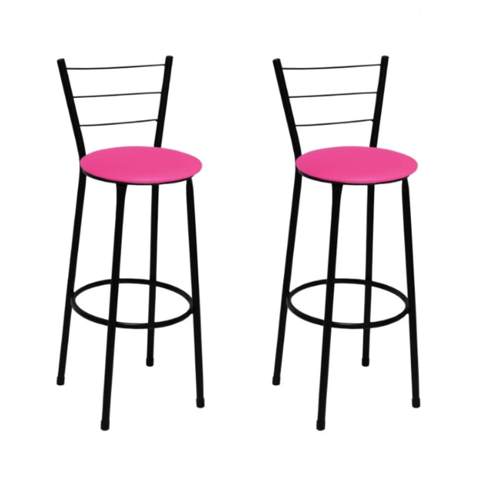 Kit 2 Banquetas Alta Preta com Encosto Assento Rosa Jaddi