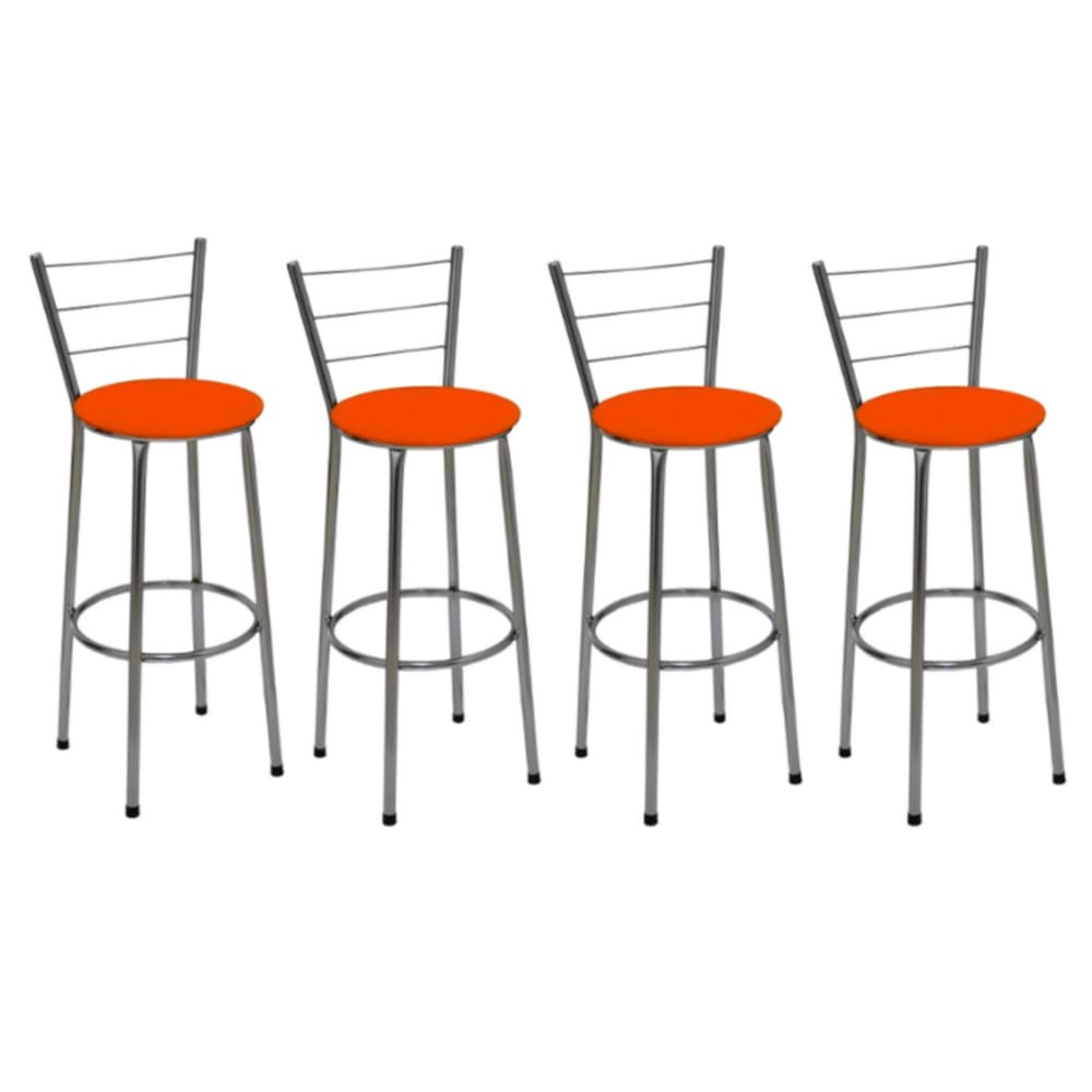 Kit 4 Banquetas Altas Cromada com Encosto Assento Laranja
