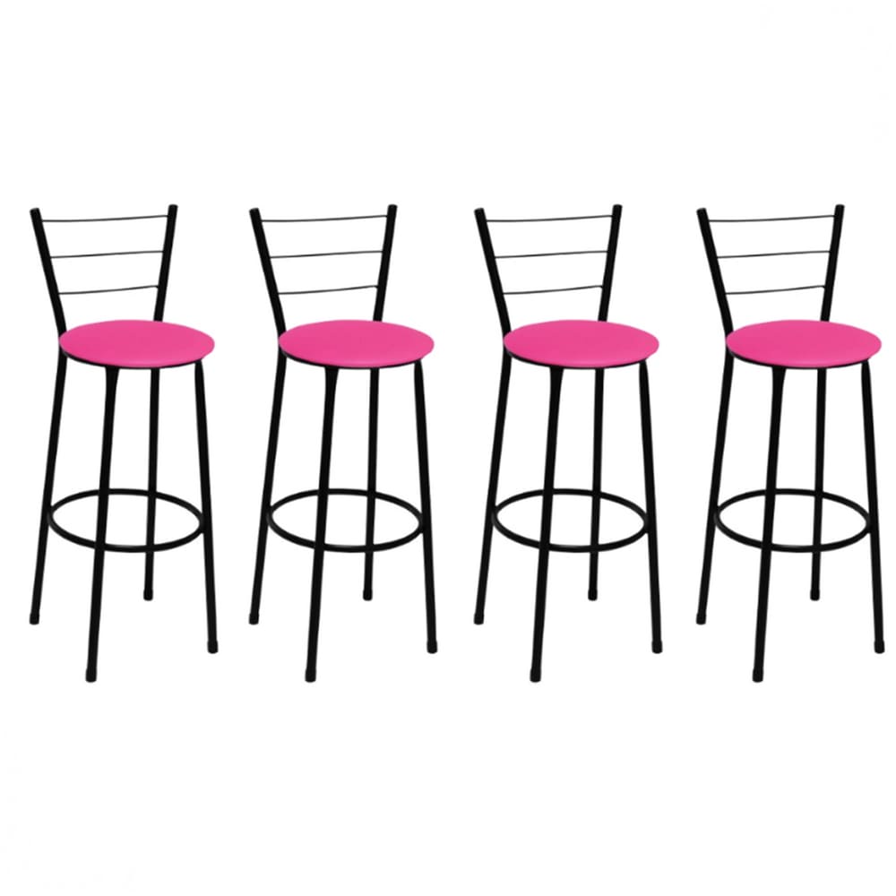 Kit 4 Banquetas Alta Preta com Encosto Assento Rosa Jaddi