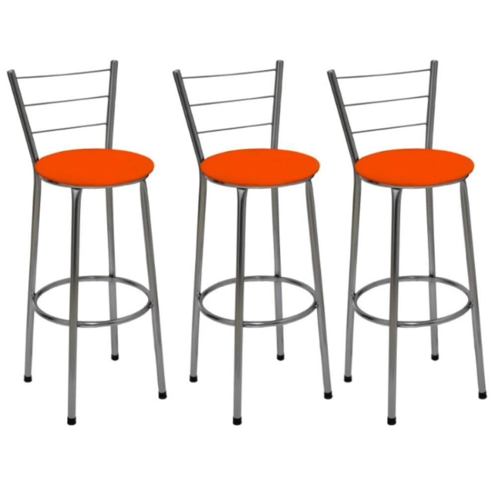 Kit 3 Banquetas Altas Cromada com Encosto Assento Laranja