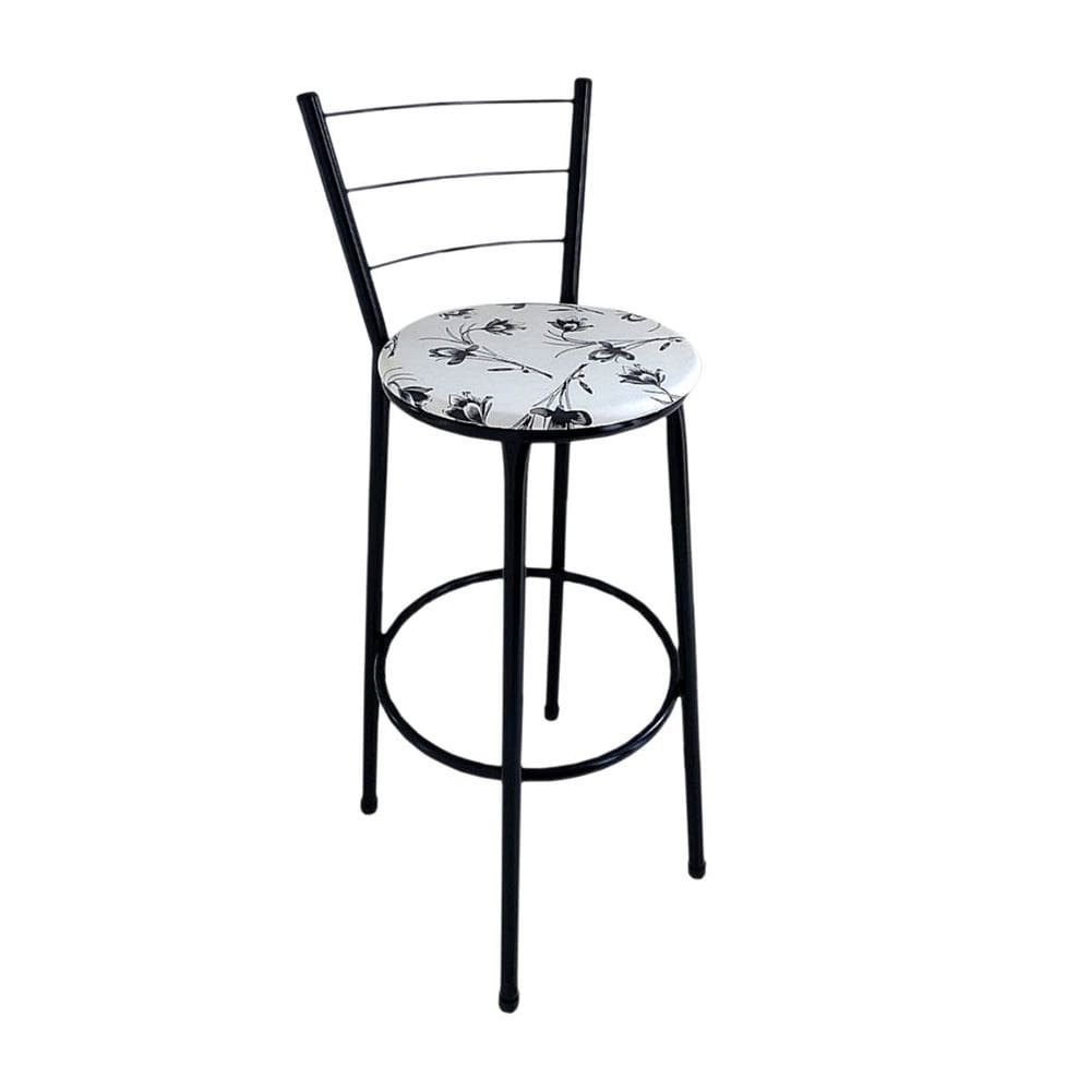 Banqueta Alta Preta com Encosto Assento Branco Floral Jaddi