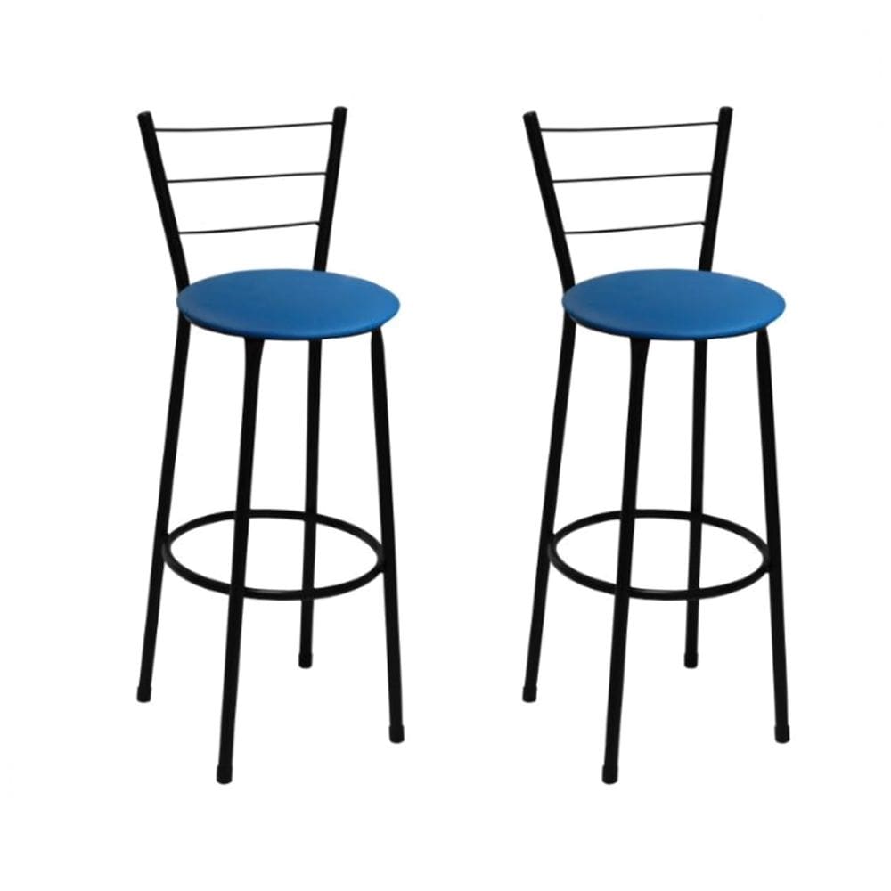Kit 2 Banquetas Alta Preta com Encosto Assento Azul Jaddi