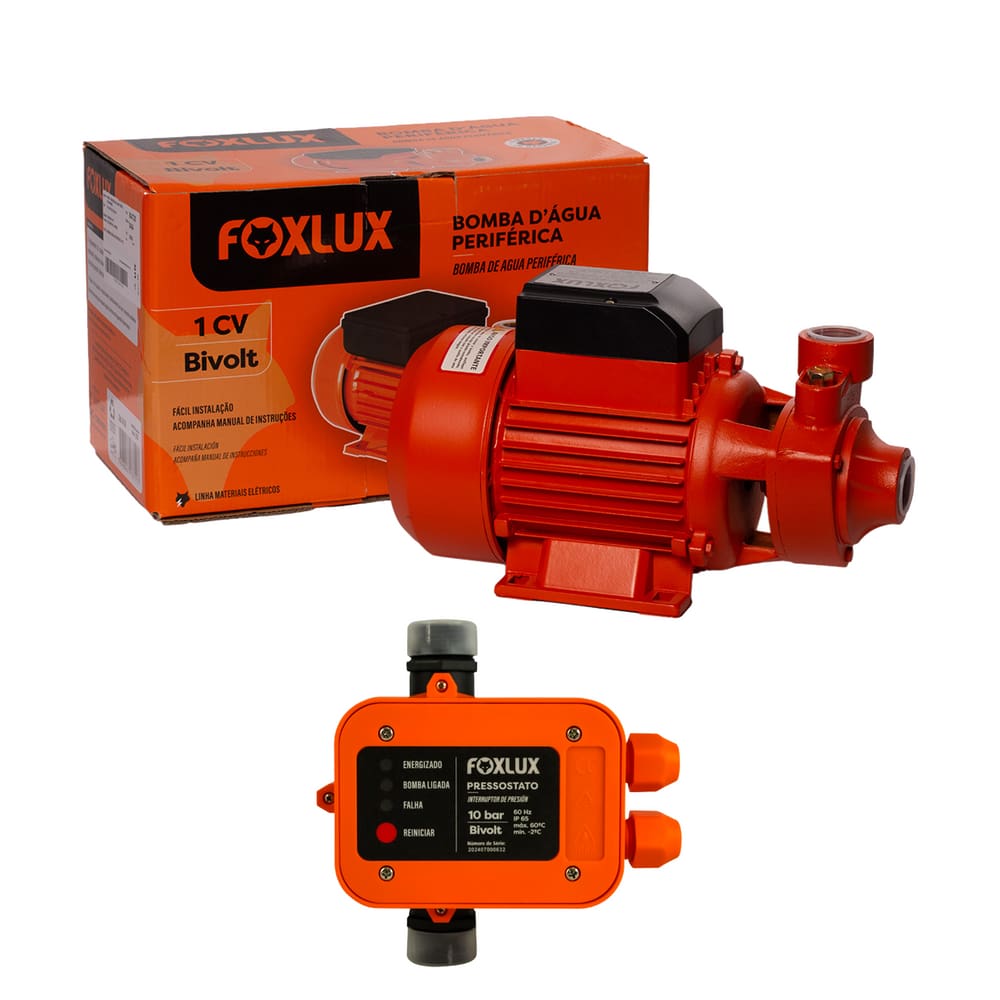 Kit Bomba D`Água Periférica 1CV Bivolt + Pressostato Foxlux