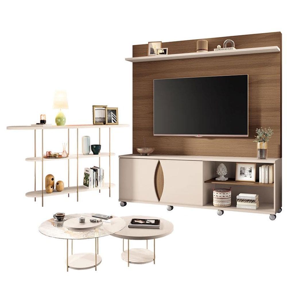 Estante Home Theater Luxor Castanho Off White e Aparador Infinity e Kit Mesa de Centro sky Off White- HB Móveis