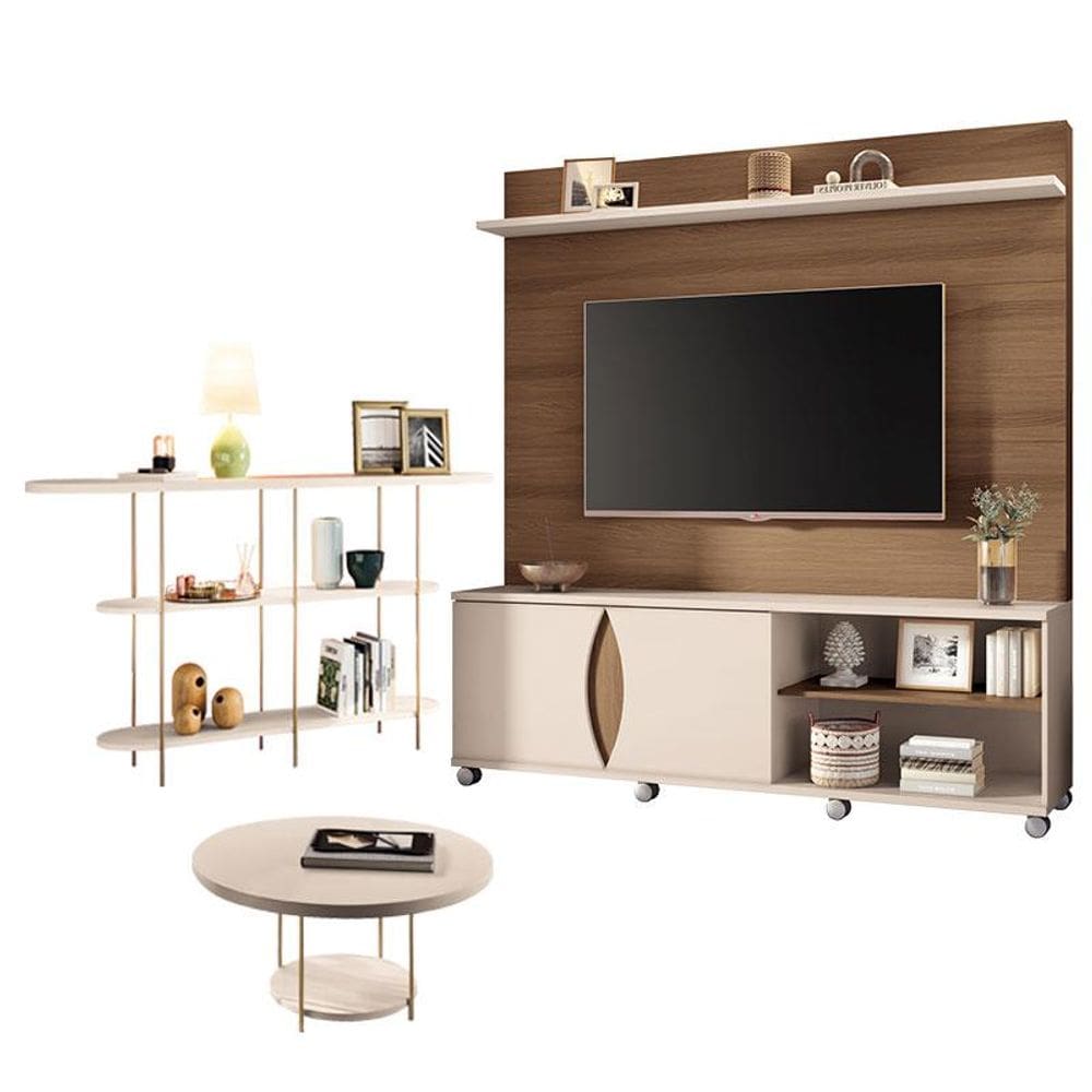 Estante Home Theater Luxor Castanho Off White e Aparador Infinity e Mesa de Centro sky Off White- HB Móveis