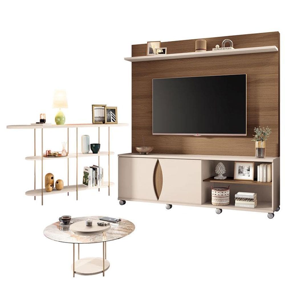 Estante Home Theater Luxor Castanho Off White e Aparador Infinity e Mesa de Centro sky com Tampo de vidro Off White- HB Móveis