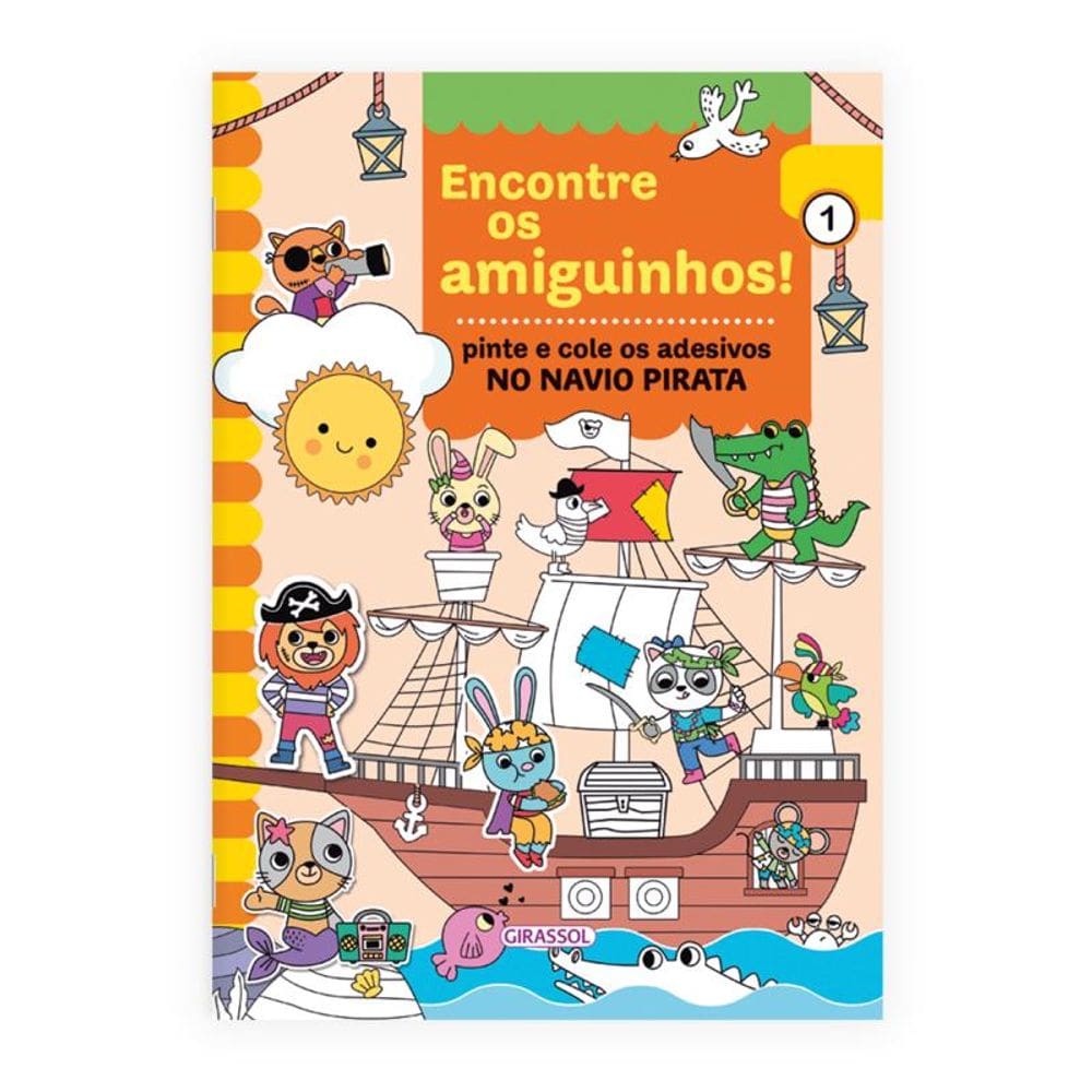 Encontre os Amiguinhos! No Navio Pirata - Pinte e Cole os Adesivos