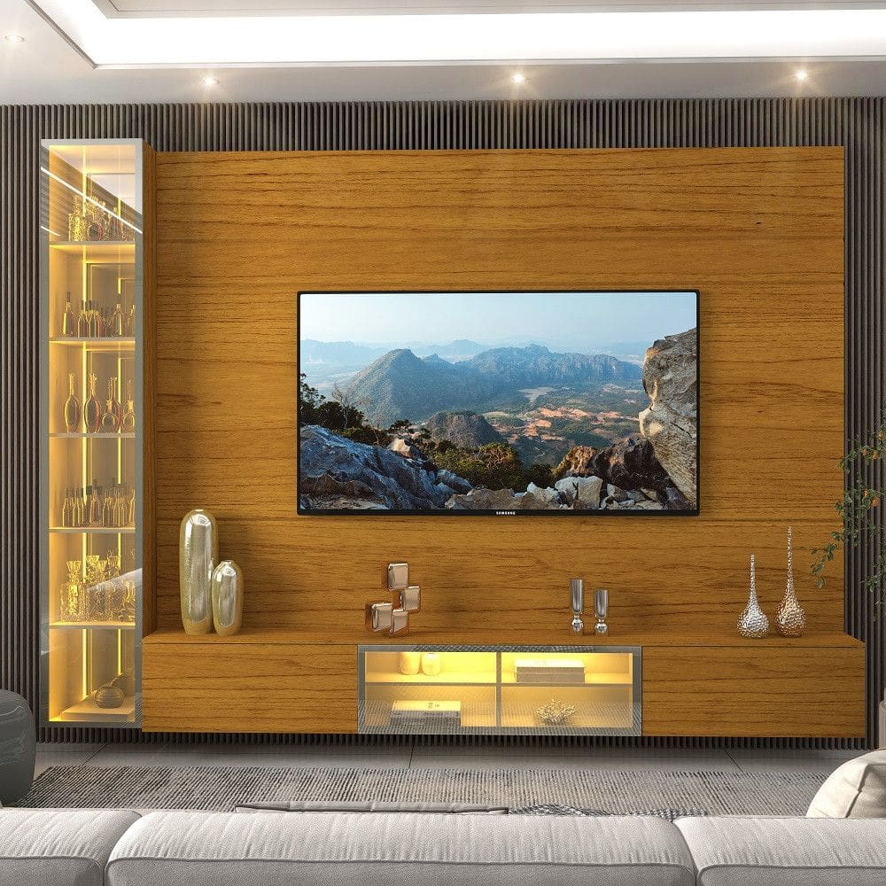 Estante Home para TV até 85 Polegadas com Cristaleira LED e Vidro Reflecta 4 Portas em MDF Luminare Gelius