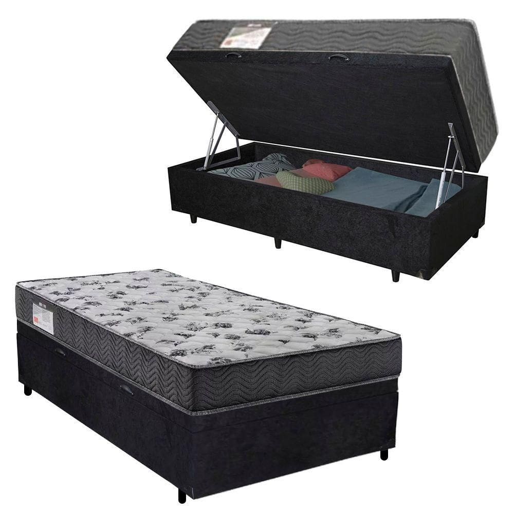 Cama Box Baú Solteiro Suede + Colchão De Molas Ensacadas 88x188x62cm Preto
