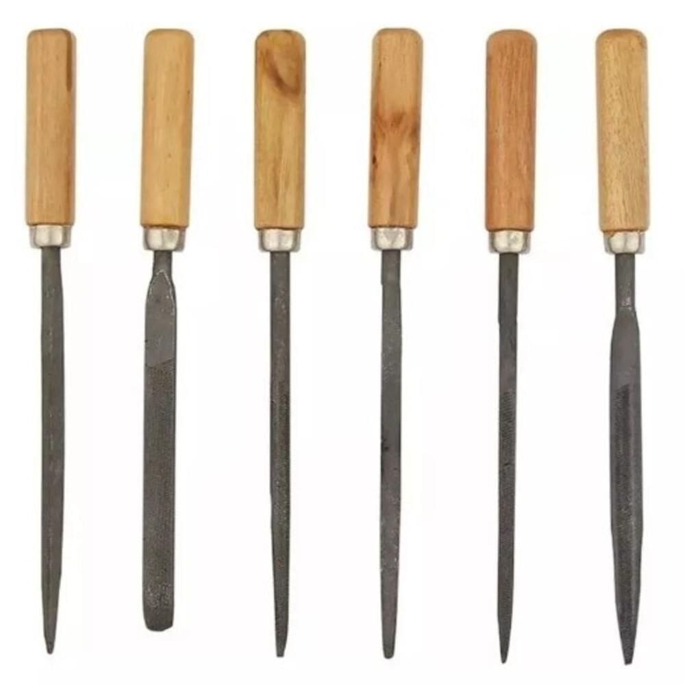 Kit 6 Jogo Lima Agulha Com Cabo Madeira Afiar Triangular Redonda Multiuso