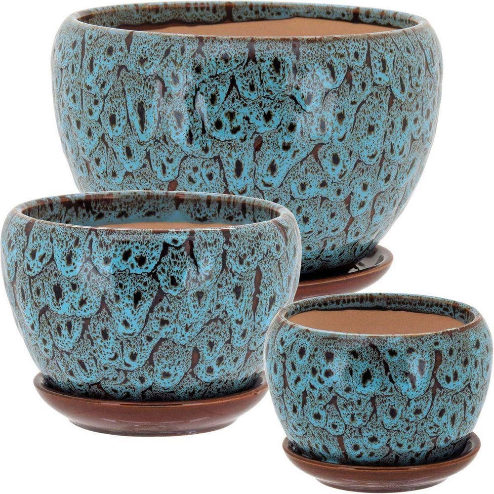 Jogo 3 Peças Cachepô Vaso Decorativo Planta Cerâmica Azul