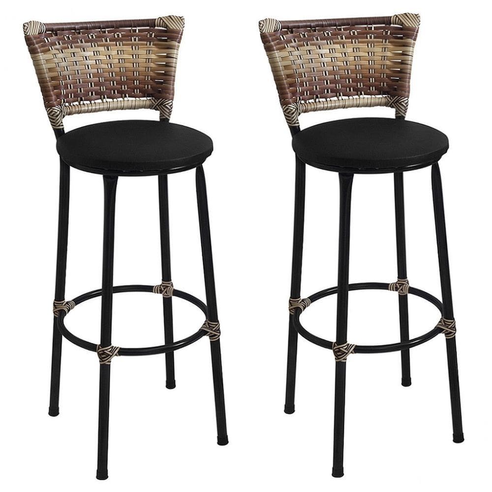 Kit 2 Banquetas Altas Preta com Encosto Junco Capuccino Assento Preto
