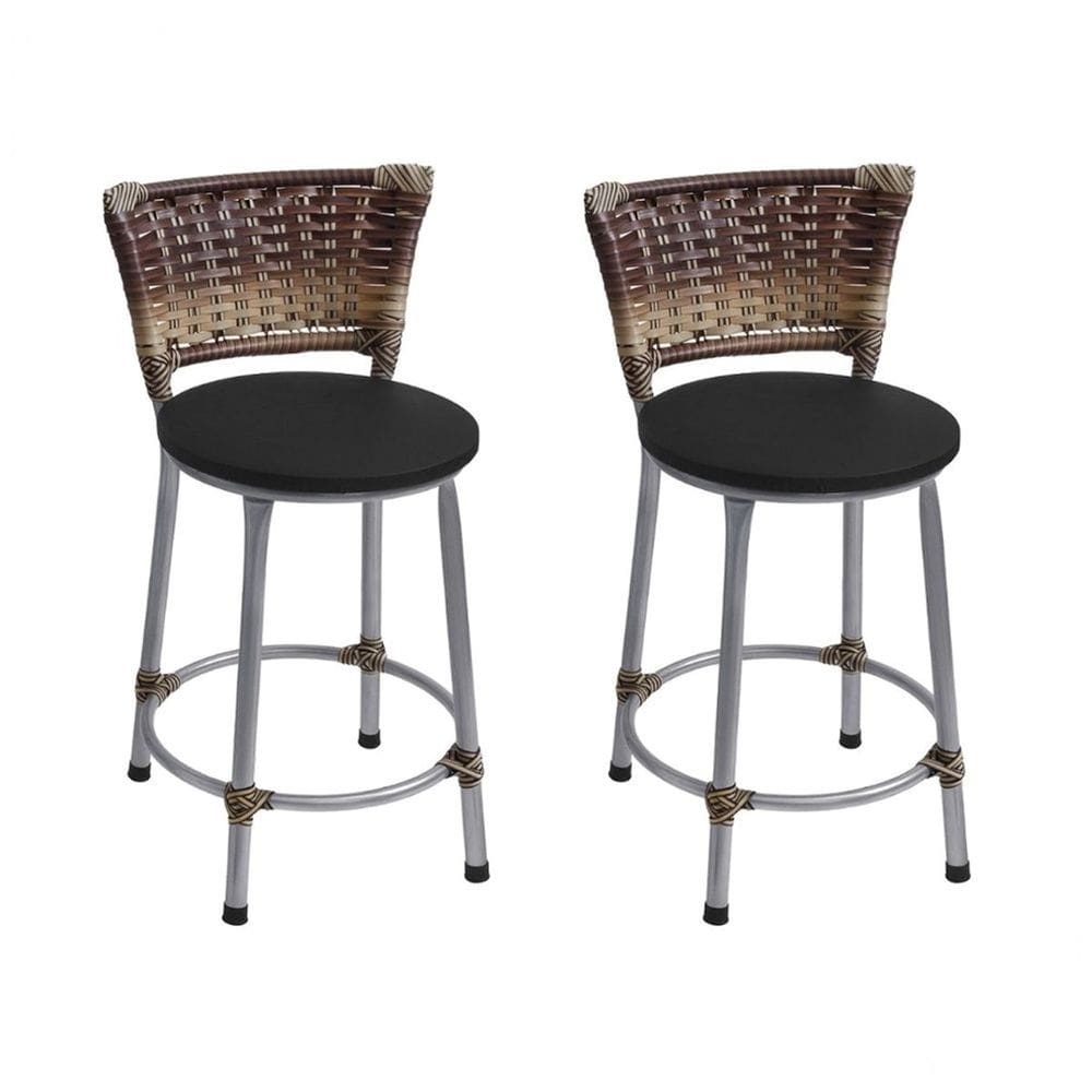 Kit 2 Banquetas Baixas Prata com Encosto Junco Capuccino Assento Preto