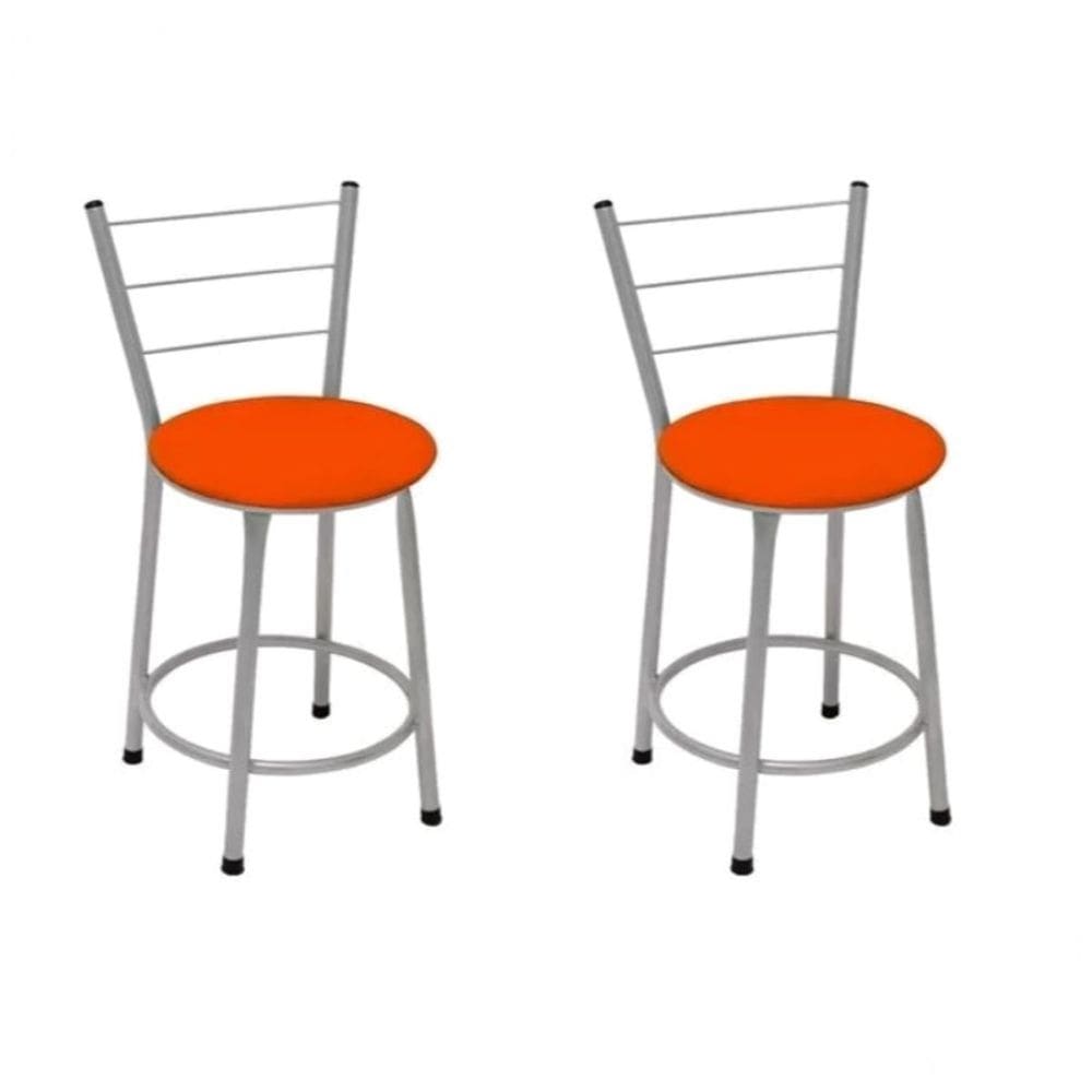 Kit 2 Banquetas Baixas Prata com Encosto Assento Laranja