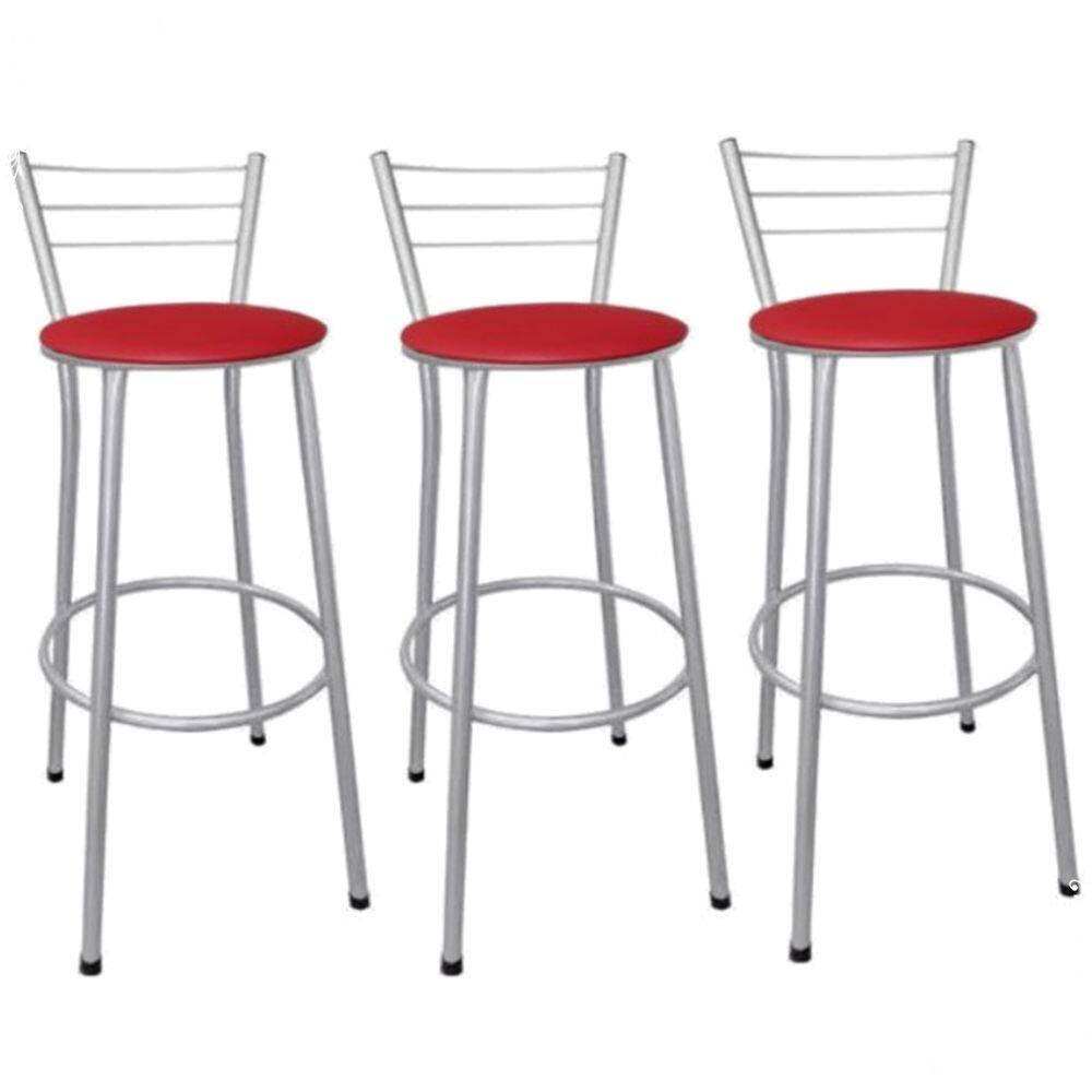 Kit 3 Banquetas Altas Prata com Encosto Assento Vermelho