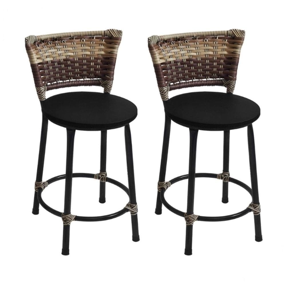 Kit 2 Banquetas Baixas Preta com Encosto Junco Capuccino Assento Preto