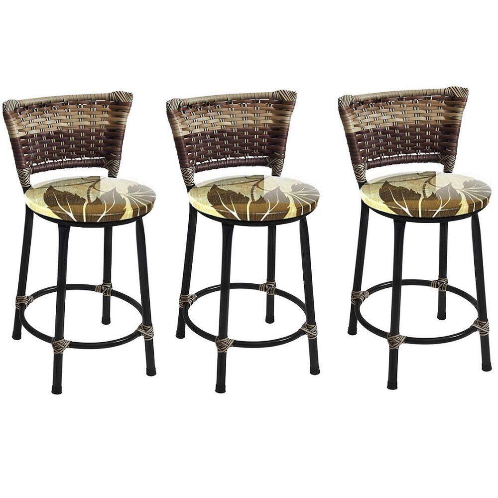 Kit 3 Banquetas Baixas Preta com Encosto Junco Capuccino Assento Floral Marrom