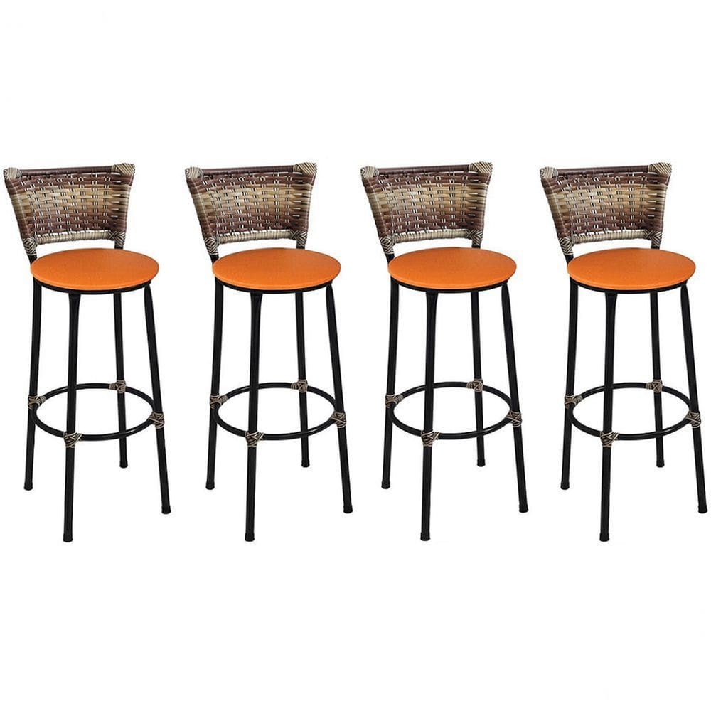 Kit 4 Banquetas Altas Preta com Encosto Junco Capuccino Assento Laranja