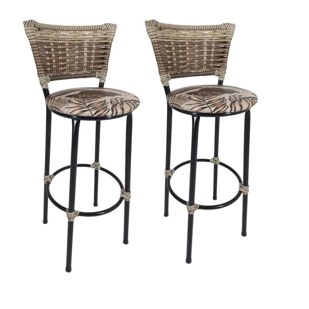 Kit 2 Banquetas Altas Preta com Encosto Junco Capuccino Assento Floral Marrom