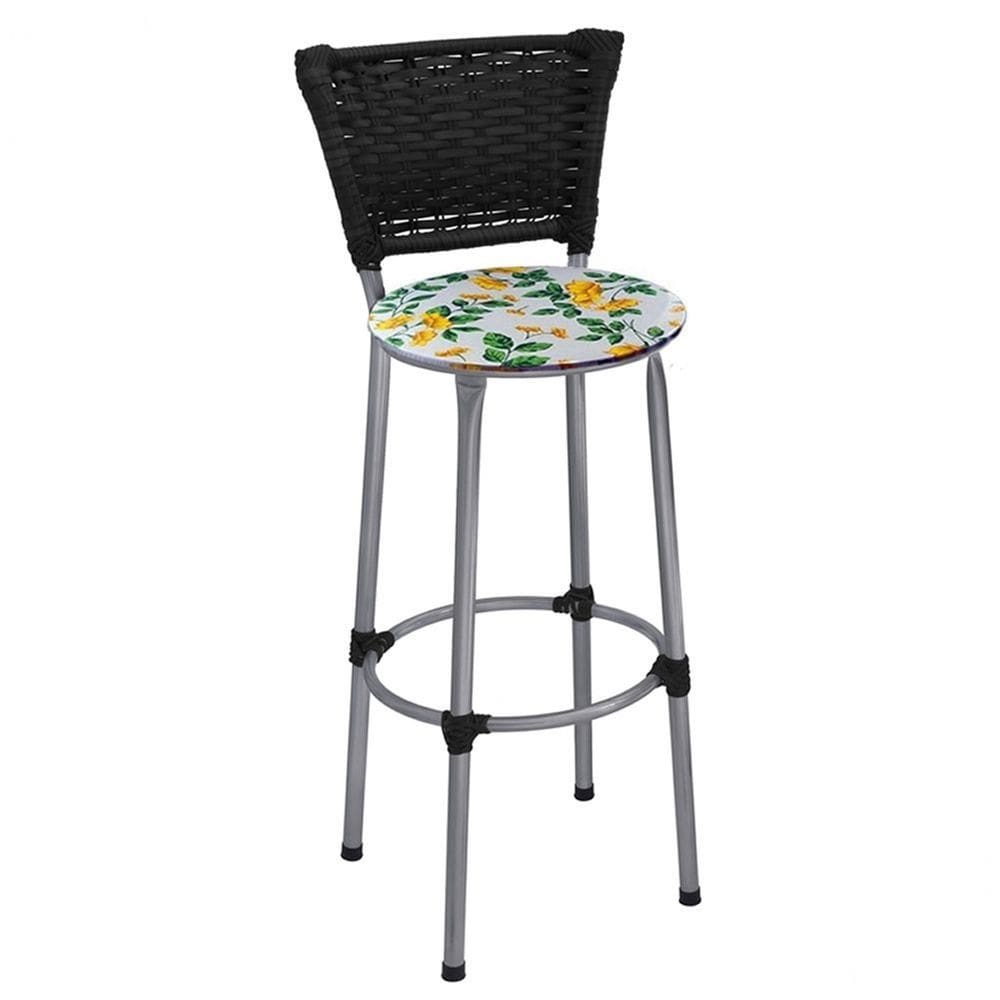 Banqueta Alta Prata com Encosto Junco Preto Assento Floral Branco