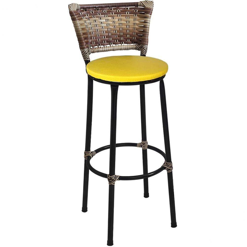Banqueta Alta Preta com Encosto Junco Capuccino Assento Amarelo