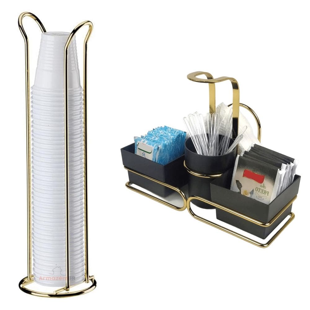 Kit Café 2 Peças Suporte Copos 50/80ml Porta Sachês Mexedores Guardanapos Preto Dourado - Future