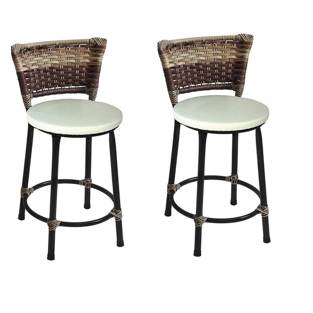 Kit 2 Banquetas Baixas Preta com Encosto Junco Capuccino Assento Branco
