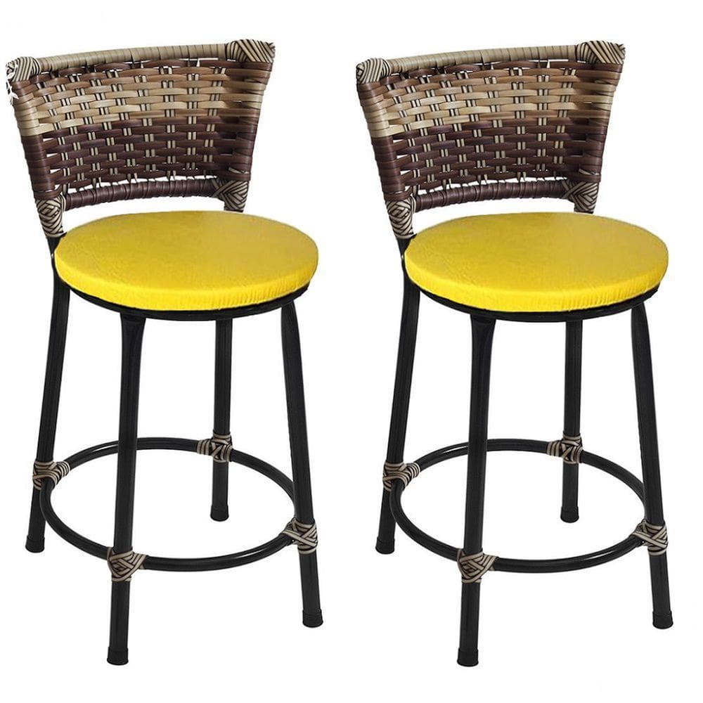 Kit 2 Banquetas Baixas Preta com Encosto Junco Capuccino Assento Amarelo