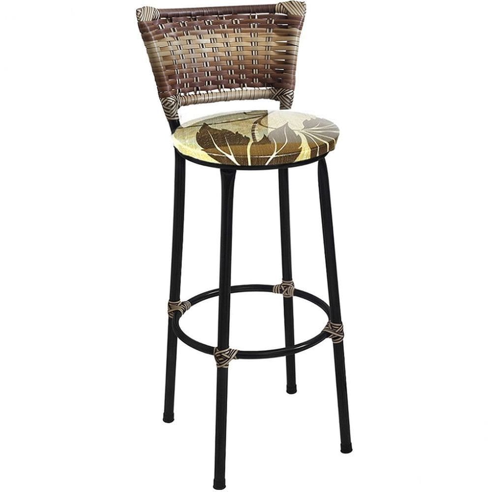 Banqueta Média Preta com Encosto Junco Capuccino Assento Floral Marrom