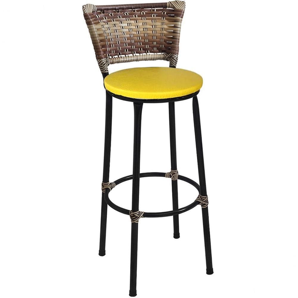 Banqueta Média Preta com Encosto Junco Capuccino Assento Amarelo