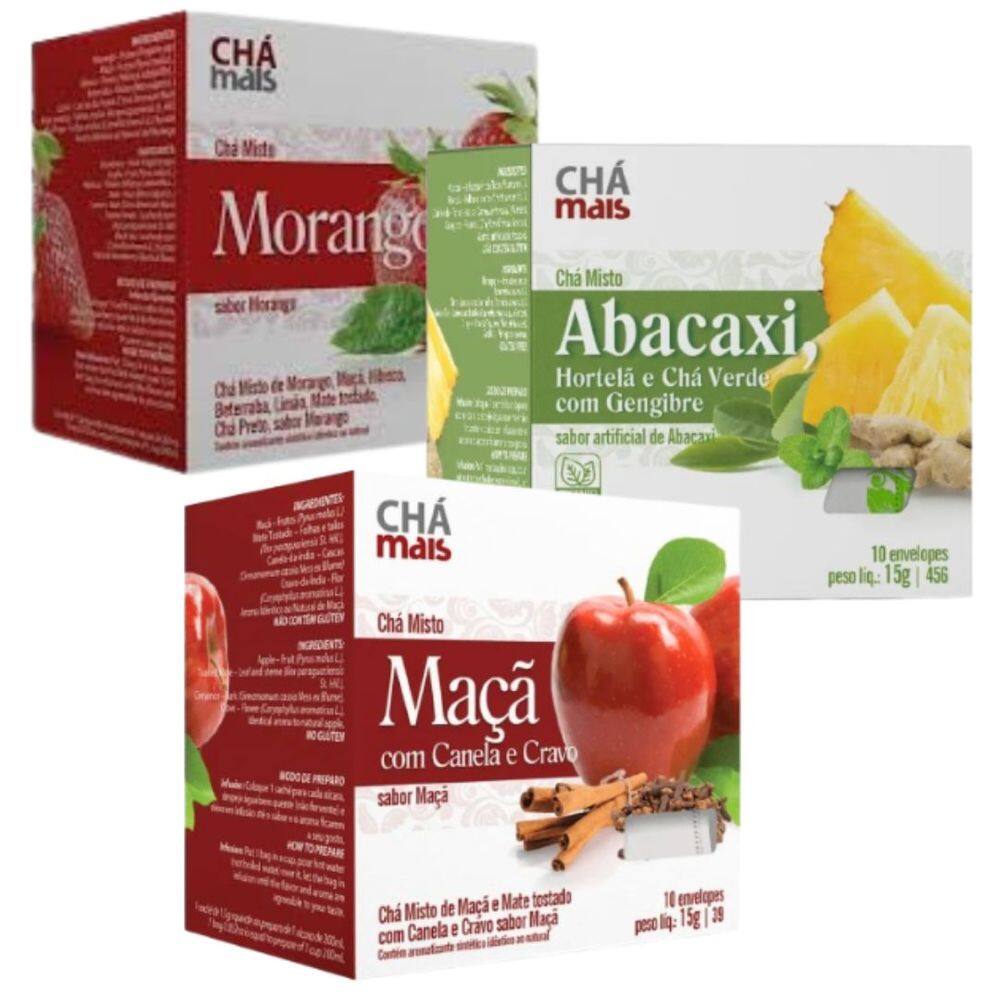 Chá de Abacaxi Maça com Canela Cravo e Morango Cx 10 sachês Kit com 3
