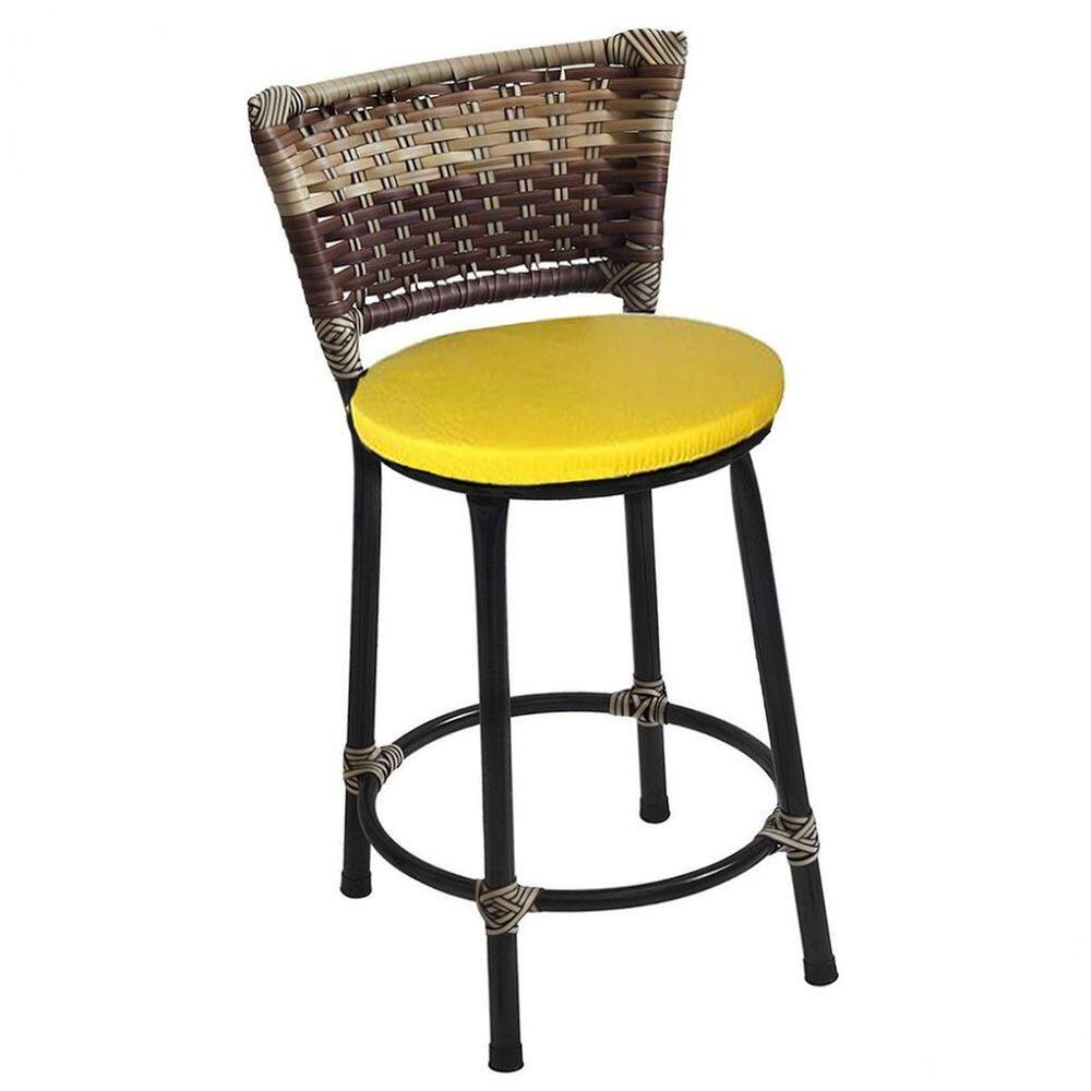 Banqueta Baixa Preta com Encosto Junco Capuccino Assento Amarelo