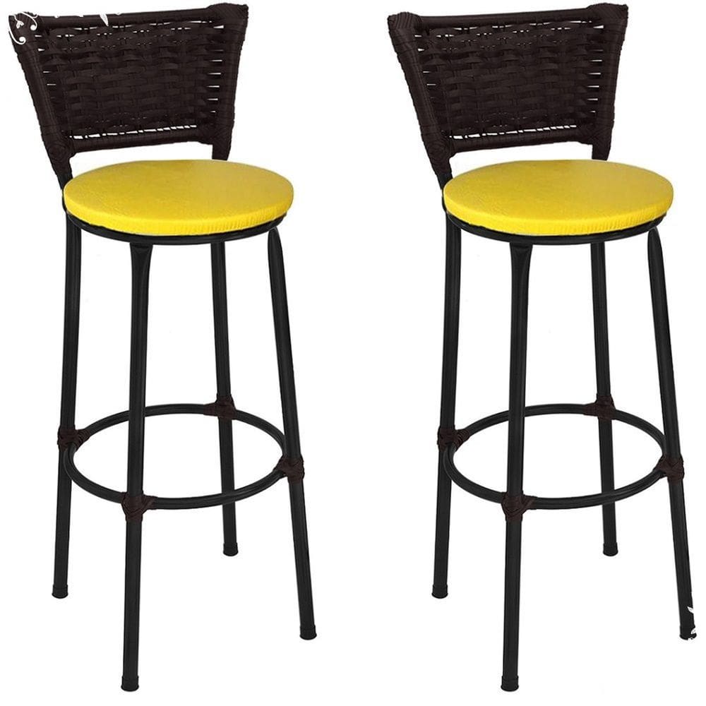 Kit 2 Banquetas Altas Preta com Encosto Junco Argila Assento Amarelo