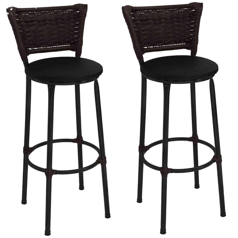 Kit 2 Banquetas Altas Preta com Encosto Junco Argila Assento Preto
