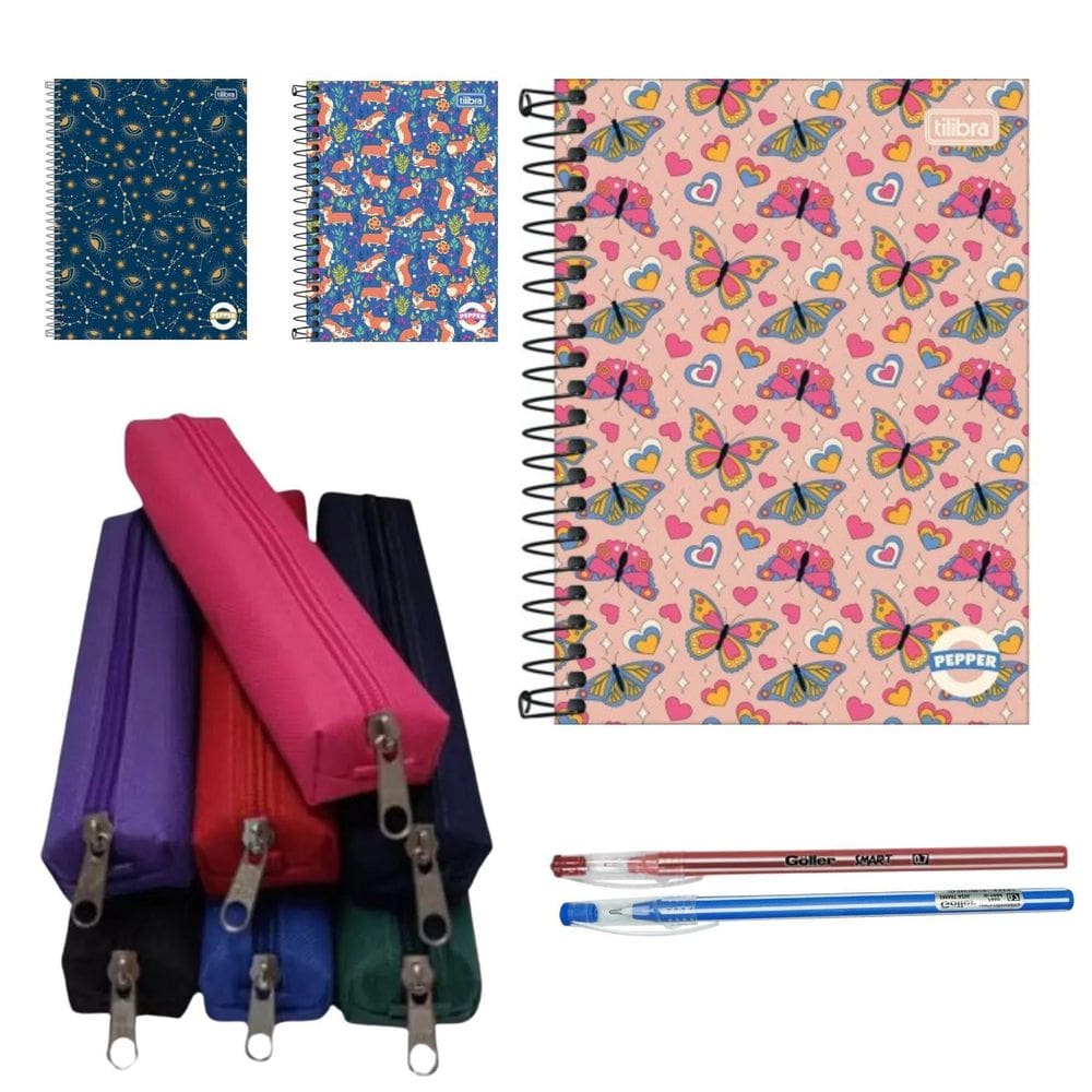Material Escolas 4 Peças Caderno Estojo Canetas