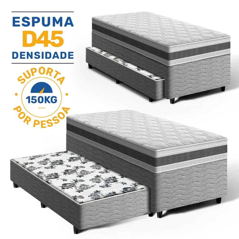 Cama Box com Colchão de Espuma D45 Double Face Air Pro Força Anjos + Auxiliar de Espuma Unique Solteiro 88x188x70cm