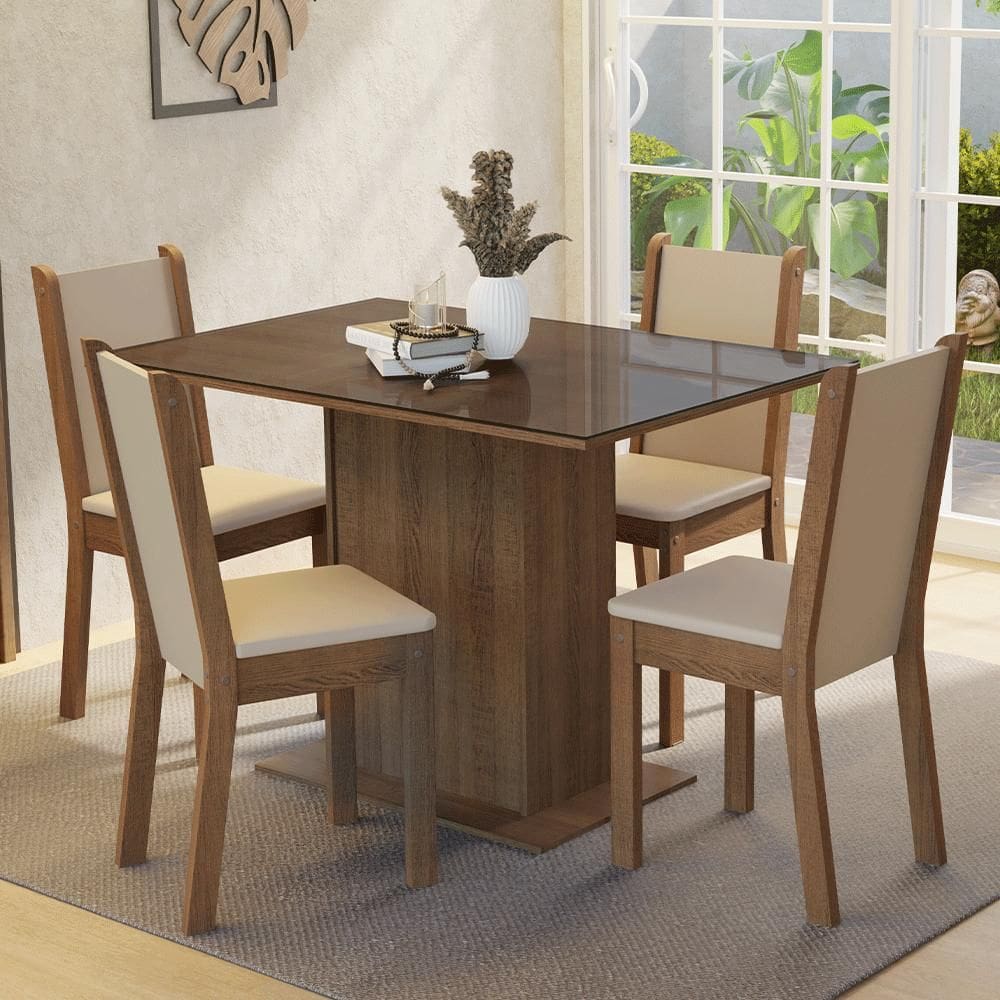 Conjunto Sala de Jantar Mesa Tampo de Vidro 4 Cadeiras Rustic/Crema/Sintético Bege Martina Madesa