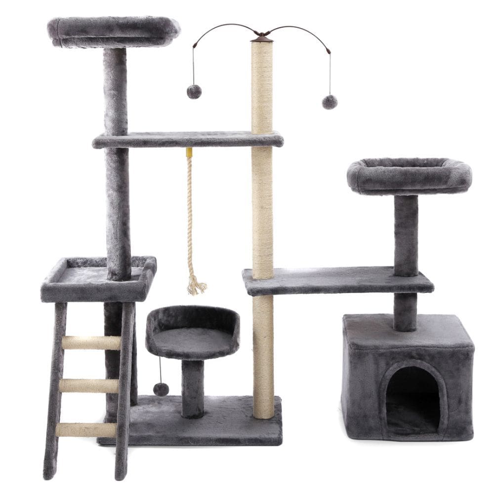 Arranhador de gato grande, luxuoso, ajustável, multifuncional com casa, camas, poleiros, escada e brinquedo giratório